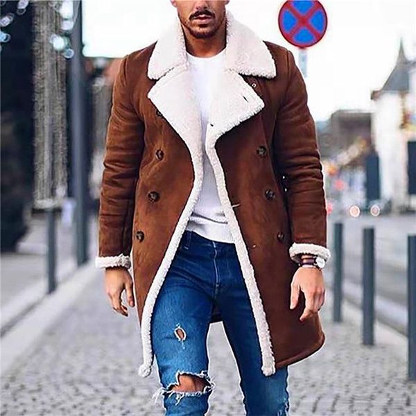 

men's wool & blends 2021 warm suede coat male winter fleece long overcoat outerwear men brown trench jacket m-3xl, Black