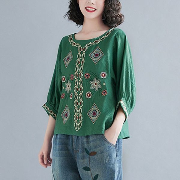

women cotton linen casual t-shirts new arrival summer vintage style floral embroidery loose female tees s3620 210412, White