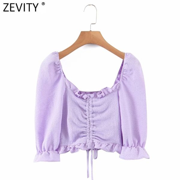 

women french style square collar candy color short shirt drawstring ruffles blouse ladies roupas femininas crop ls9181 210416, White