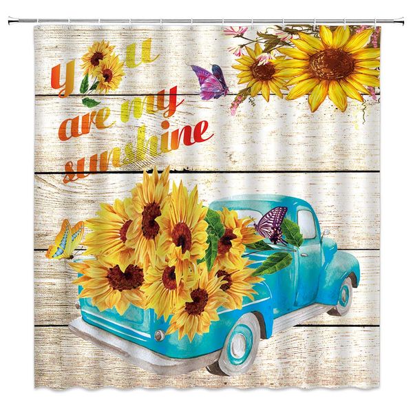 

farm floral shower curtain 'you are my sunshine' letters with pickup truck sunflower butterfly on wooden decor vibrant warm