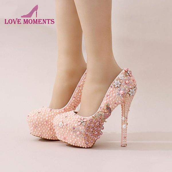 

design pink pearl bride shoes stiletto heel platform phoenix rhinestone wedding round toe lady party prom pumps dress, Black