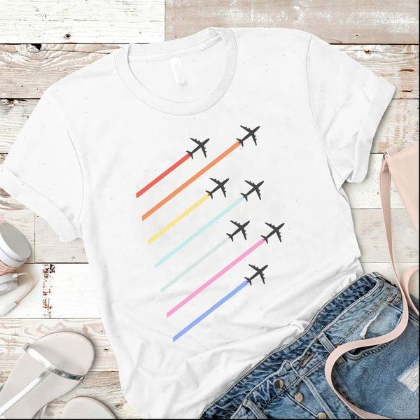 

plane printed short sleeve women t shirt loose tee clothes graphic, White