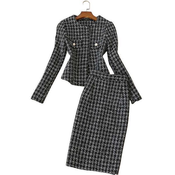 

winter women's sets skirt casual slim check short ladies jacket high waist female two-piece 210527, White
