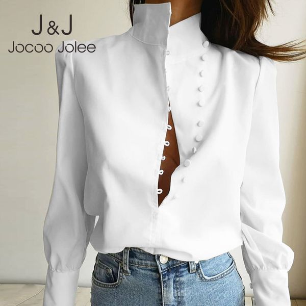 Elegante Office Lady Camisa sólida Casual Puff Blusa de cuello alto de manga larga Casual de un solo pecho Tops blancos sólidos Blusa simple 210518