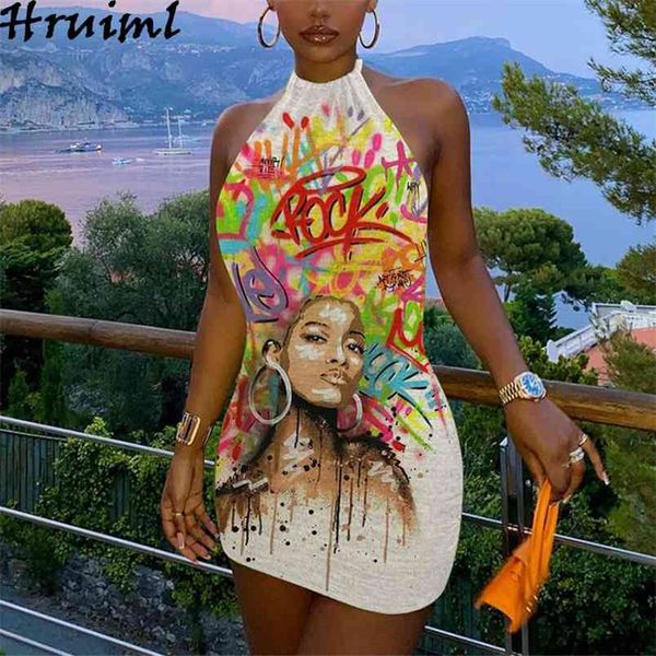 

dresses halter print sleeveless summer fashion backless women streetwear ladies party club bodycon 210513, Black;gray