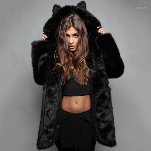 

women's fur & faux women fashion coat hooded 2021 winter warm furry splicing jacket long sleeve loose coats female outerwear #40, Black