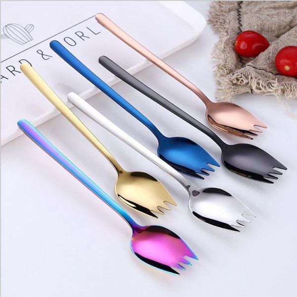 

forks 6 color spoon fork handle fruit salad reusable stainless steel golden dessert outdoor tableware