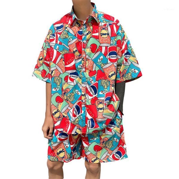 

men's casual shirts 2021 loose seaside beach vacation hip-hop and handsome set style shirt + elastic shorts two piece, White;black