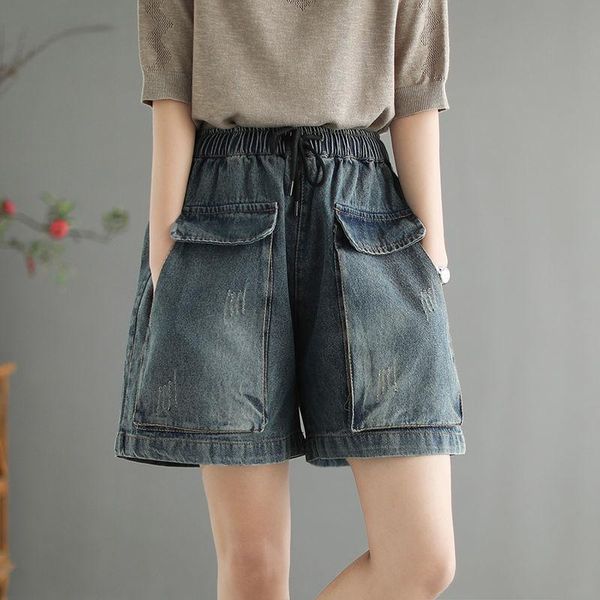 

women's shorts denim big pocket oversize vintage wide leg short pants woman summer casual elastic waist jeans 2021, White;black