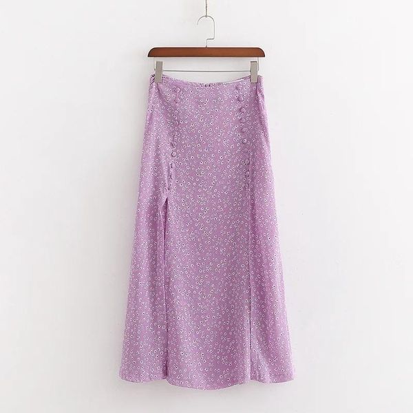 

skirts women purple high waist 2021 spring print long skirt side split, Black
