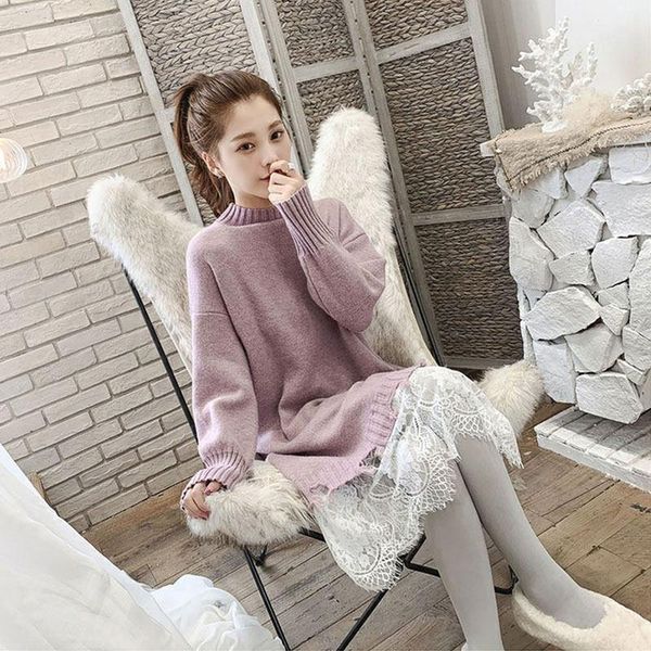 

women's sweaters korean lazy style loose pullover sweater net red medium length over knee knitted dress, White;black