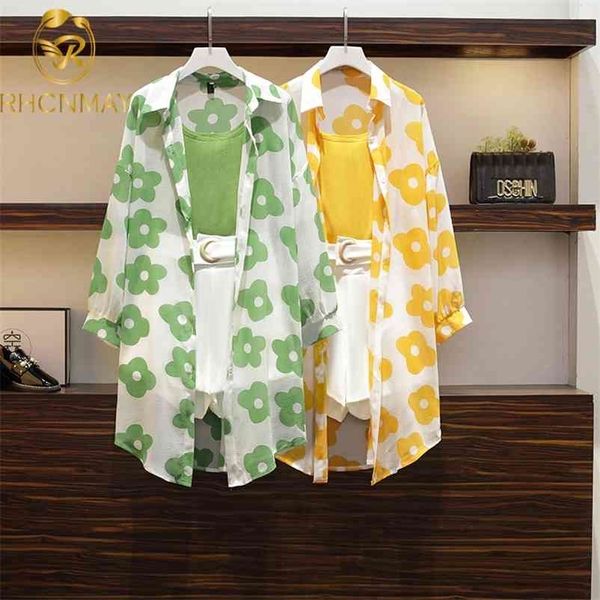 

plus size summer women 3 piece sets casual loose print shirt + vest shorts high waist wide leg pants suit set 3 pcs l-4xl 210520, White