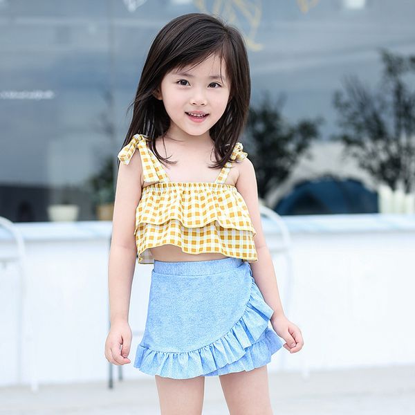 

lovely girl's plaid bikini split skirt two piece children's swimsuit, White;black