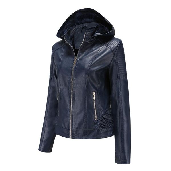 

women's leather & faux hooded jacket autumn winter female's long sleeve hat detachable thickened fleece pu coats, Black