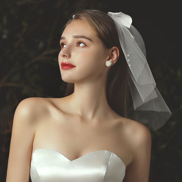 

v711 elegant short bridal veil 2-layer mesh white pearl-beaded wedding headdress with satin bow for bride, Black