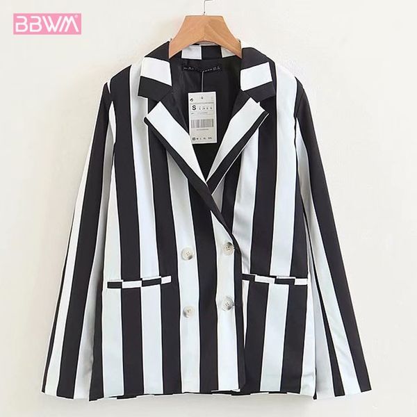 Uzun Kollu Yaka Kadın Ceket Siyah Beyaz Çizgili Küçük Takım Elbise Kore Moda Sonbahar Mizaç Profesyonel Kadın Ceket 210507
