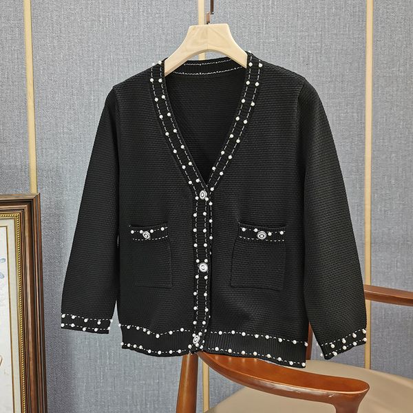 

women's sweaters chic feminine spring with cleavage in v pearls beads knitted or crocheted cardigans c502, White;black