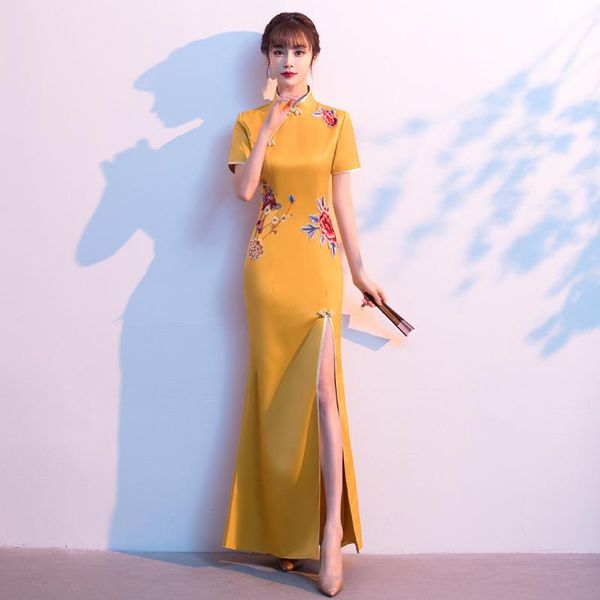 

ethnic clothing vintage button satin formal party dress gown lady flower embroidery qipao high split cheongsam mandarin collar vestidos, Red