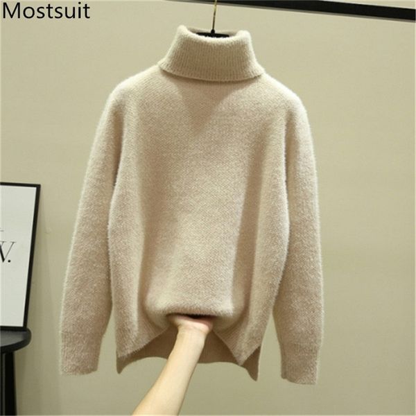 

turtleneck faux marten hair thicken sweater pullover women autumn winter long sleeve solid fashion korean sweaters 210513, White;black