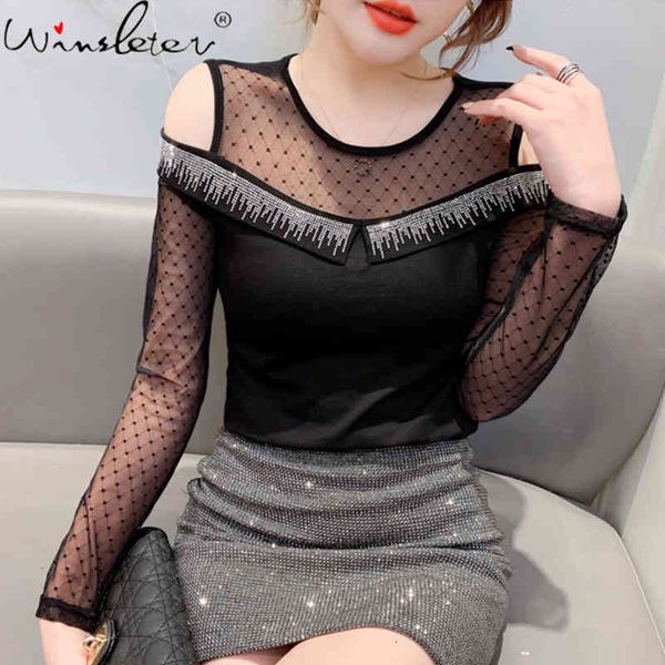 

women's t-shirt spring fall hollow out girls fashion o-neck shiny diamonds patchwork mesh women cotton tees 2021 t11503a, White