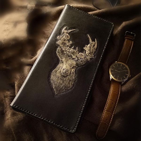 

wallets high-end handmade carving david's deer purses men long clutch vegetable tanned leather wallet card holder, Red;black