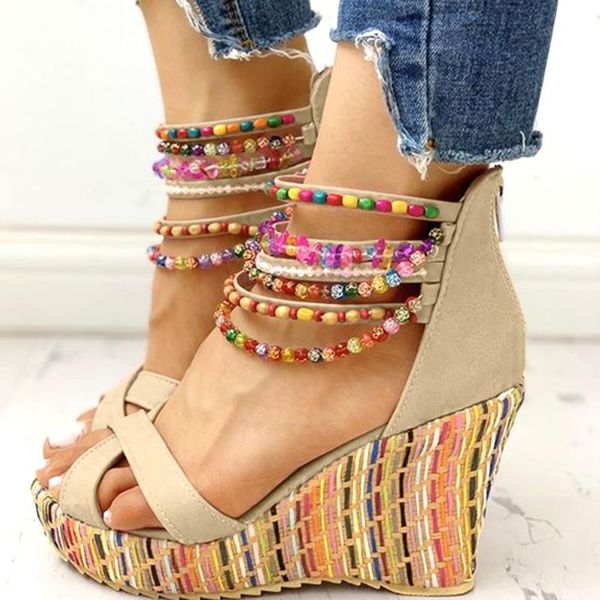 

for dropship high heels leisure platform bohemia string bead chains summer sandals women's wedges shoes female big size 43 dress, Black