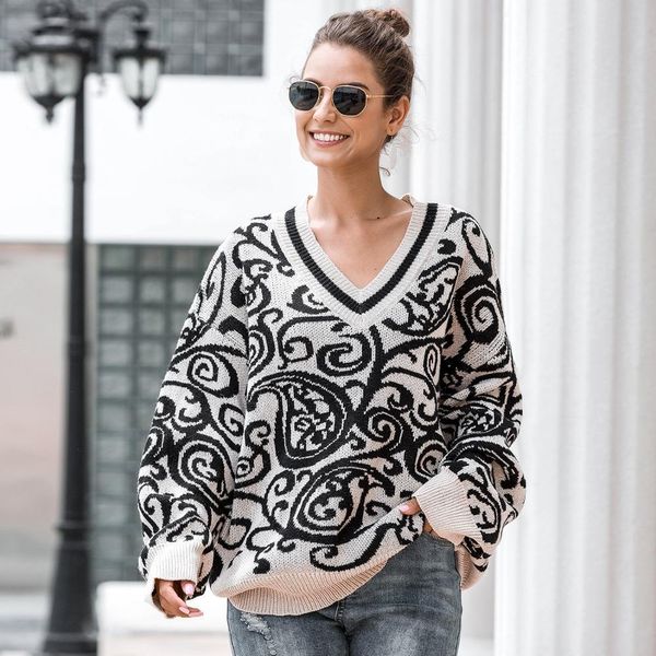 

sweater vintage printed knitted v-neck winter autumn warm loose women casual sweater oversize pullovers new girls top, White;black