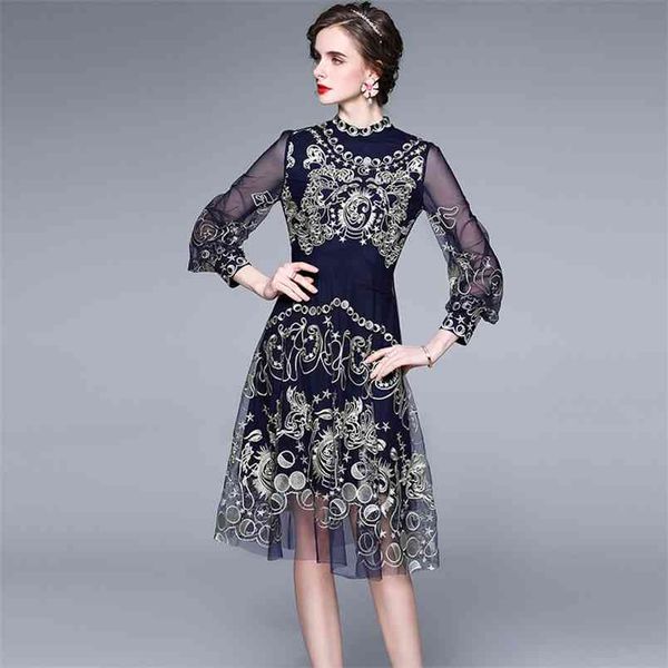 

vintage dress spring fashion mesh flower embroidery lantern sleeve ladies high waist elegant dresses 210519, Black;gray