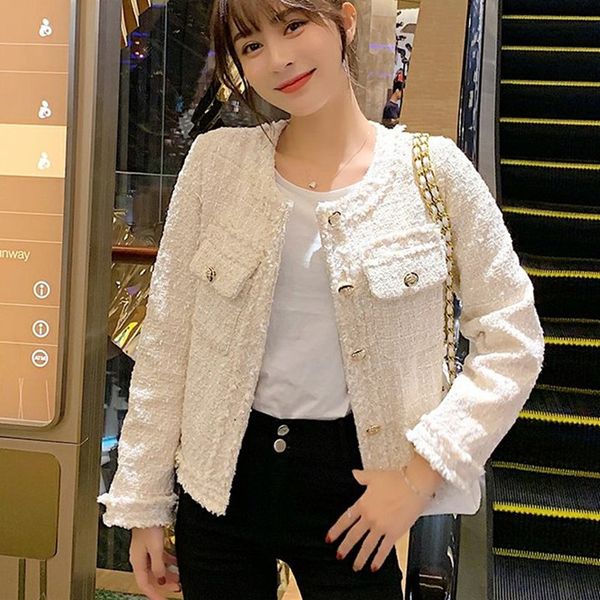 

women's suits & blazers spring autumn women gold button single-breasted tweed woolen coat round neck long sleeve tassel jacket q1, White;black