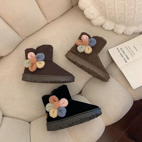 

boots snow women's shoes 2021 autumn and winter style flat-bottomed warm flower short-tube thick-soled, Black