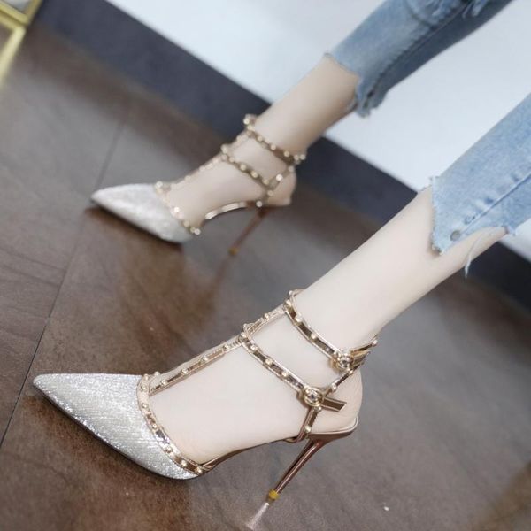 

dress shoes sandals 2021 fashion stiletto western style women's pointed toe t-strap rivet high heels female summer heel 8.5cm, Black