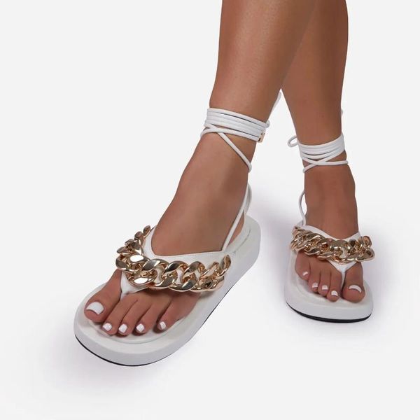 

sandals roman women's shoes metal chain platform flip-flop summer sweet lady mid-heel ankle straps leather sandalias mujer, Black