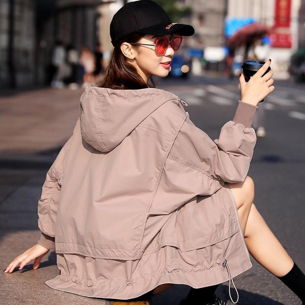 

women 2021 spring autumn hooded cargo jacket female pockets zipper coat ladies long sleeve loose casual jackets outwear n24 women's, Black;brown