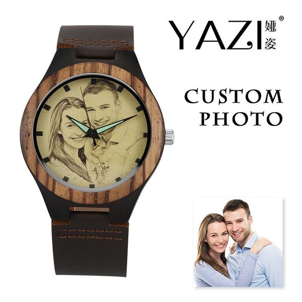 

personalized custom watch po printing natural ebony wooden engraving picture leather band unique quartz watches wristwatches, Slivery;brown
