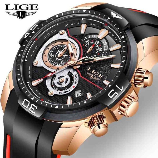 

relogio masculino lige fashion mens watches silicone strap brand luxury sport chronograph military waterproof watch 210517, Slivery;brown