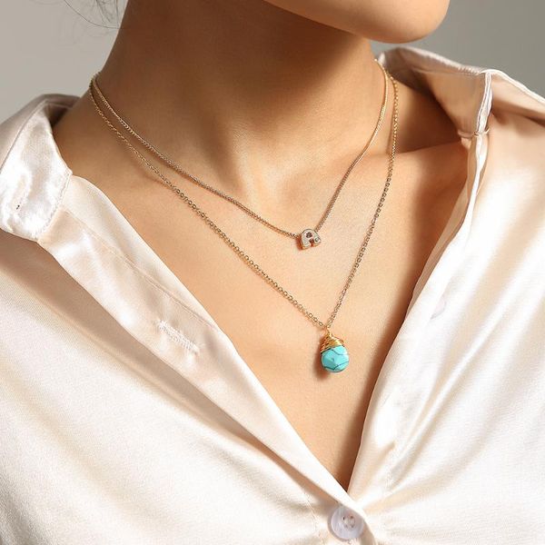 

chains ins vintage ornament letters with diamond a natural turquoise water drop simple fashion double-layer necklace, Silver