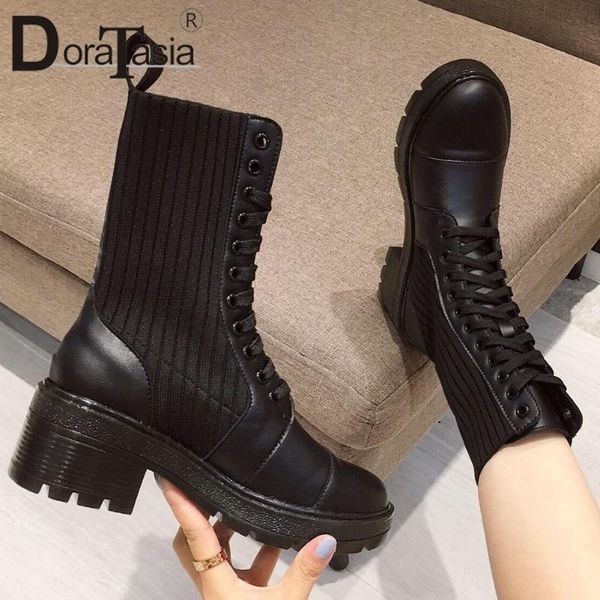 

boots doratasia brand female thick hgih heels ankle 2021 autumn casual women cross tied platform shoes woman, Black