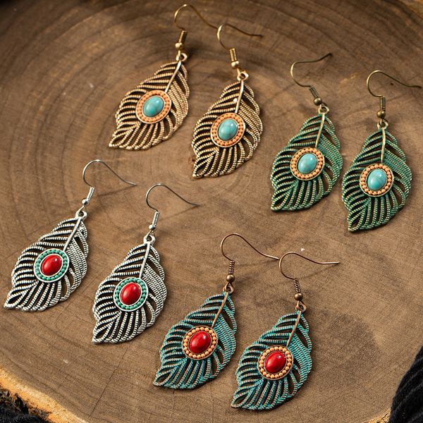 

3pair/lot vintage ethnic leaf drop dangle earrings hanging with stone for women fashion wedding engagement bridal jewelry accessories, Silver