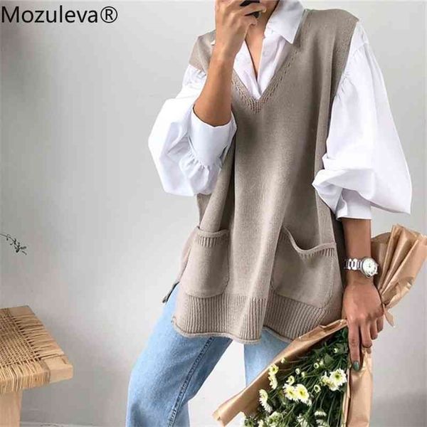 

autumn winter women sweater pullover sleeveless vest knitting pocket oversize wild split knitwear 210416, White;black