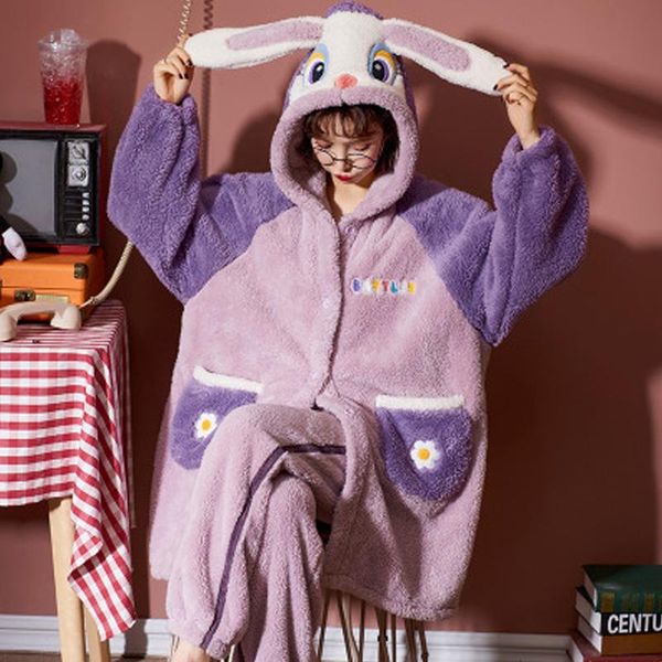 

pajamas set women print hooded coat for autumn winter lovely thickened plush warm lambhair home clothes women's two piece pants, White