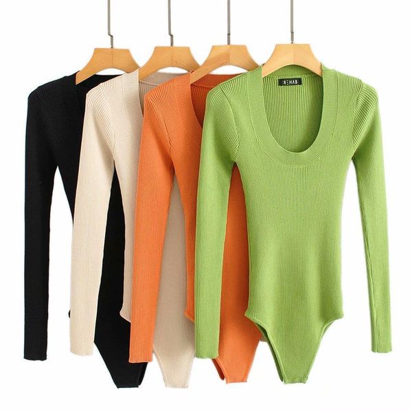 

one piece knitted solid u womens romper neck long sleeve black green beige orange bodysuit bodycon jumpsuit, Black;white