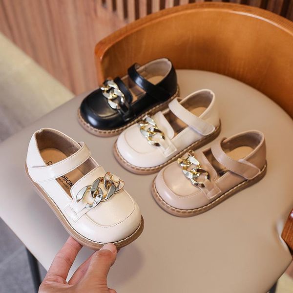 

flat shoes kids flats princeee dress party chain 2021 children' school girls leather non-slip soft bottom waterproof, Black;grey