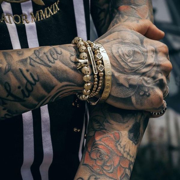 

beaded, strands 4pcs/set of luxury roman royal charm bracelet men's fashion crown weaving adjustable hip hop jewelry gift, Black