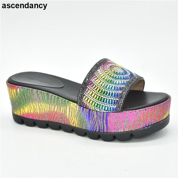 

dress shoes 2021 wedge slippers women comfortable platform italian design outdoor female 6cm high heels with rhinestone, Black