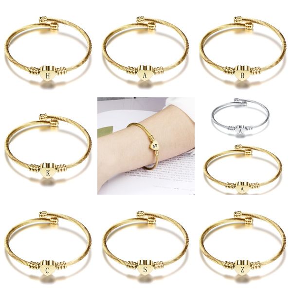 

fashion girls gold silver color stainless steel heart bracelet bangle with 26 letter fashion initial alphabet charms bracelets for women, Golden;silver