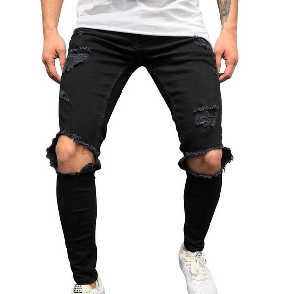 

men's pants shujin fashion slim fit ripped stretchy knee holes skinny jeans zipper youth stretch, Black
