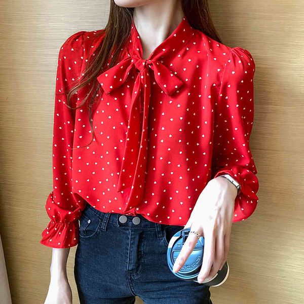 

korean blouse women chiffon s long sleeve shirts woman v neck shirt plus size polka dot bow 210427, White