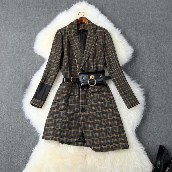 

2019 fall autumn long sleeve notched-lapel glamorous plaid print belted asymmetry single-breasted fashion blazers outwear coats o06t10244, White;black