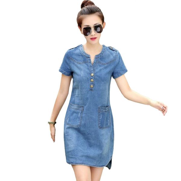 

arrival summer women denim dresses short sleeves loose a word dresses plus sizes v-neck solid denim dresses 210419, Black;gray
