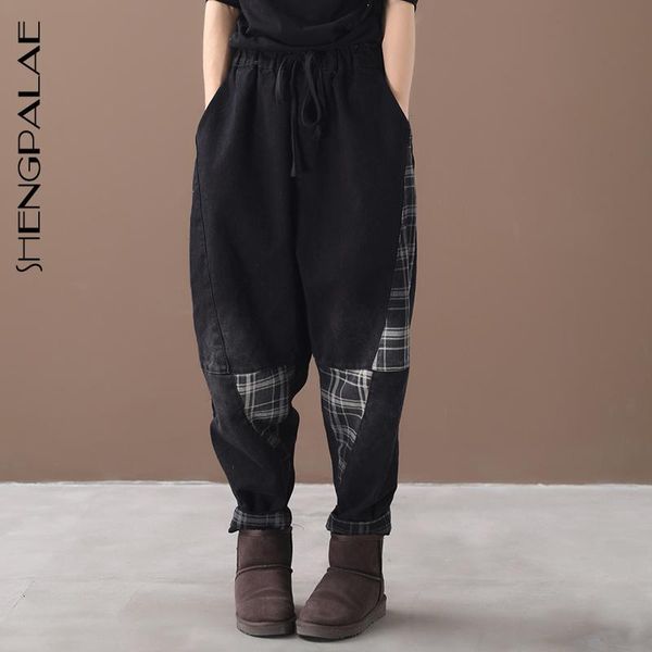 

women's pants & capris shengpalae 2021 spring winter pattern old plaid patchwork pockets harem vintage add velvet jeans ak07601, Black;white